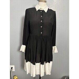Beulah Silk Pleated Black White Collared Dress, Size M